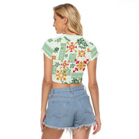 Hawaii Tapa Tribal Raglan Cropped T Shirt With Hawaiian Quilt Pattern Green - Wonder Print Shop