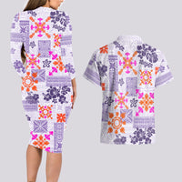 Hawaii Tapa Tribal Couples Matching Long Sleeve Bodycon Dress and Hawaiian Shirt With Hawaiian Quilt Pattern Violet LT9 - Wonder Print Shop