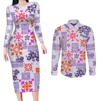 Hawaii Tapa Tribal Couples Matching Long Sleeve Bodycon Dress and Long Sleeve Button Shirt With Hawaiian Quilt Pattern Violet LT9 - Wonder Print Shop