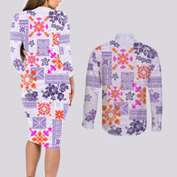 Hawaii Tapa Tribal Couples Matching Long Sleeve Bodycon Dress and Long Sleeve Button Shirt With Hawaiian Quilt Pattern Violet LT9 - Wonder Print Shop