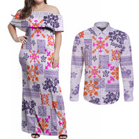 Hawaii Tapa Tribal Couples Matching Off Shoulder Maxi Dress and Long Sleeve Button Shirt With Hawaiian Quilt Pattern Violet LT9 - Wonder Print Shop