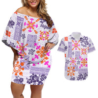 Hawaii Tapa Tribal Couples Matching Off Shoulder Short Dress and Hawaiian Shirt With Hawaiian Quilt Pattern Violet LT9 - Wonder Print Shop