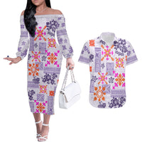 Hawaii Tapa Tribal Couples Matching Off The Shoulder Long Sleeve Dress and Hawaiian Shirt With Hawaiian Quilt Pattern Violet LT9 - Wonder Print Shop