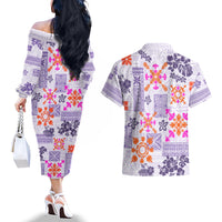 Hawaii Tapa Tribal Couples Matching Off The Shoulder Long Sleeve Dress and Hawaiian Shirt With Hawaiian Quilt Pattern Violet LT9 - Wonder Print Shop