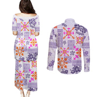Hawaii Tapa Tribal Couples Matching Puletasi Dress and Long Sleeve Button Shirt With Hawaiian Quilt Pattern Violet LT9 - Wonder Print Shop