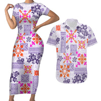 Hawaii Tapa Tribal Couples Matching Short Sleeve Bodycon Dress and Hawaiian Shirt With Hawaiian Quilt Pattern Violet LT9 - Wonder Print Shop