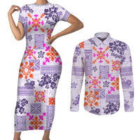 Hawaii Tapa Tribal Couples Matching Short Sleeve Bodycon Dress and Long Sleeve Button Shirt With Hawaiian Quilt Pattern Violet LT9 - Wonder Print Shop