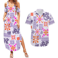Hawaii Tapa Tribal Couples Matching Summer Maxi Dress and Hawaiian Shirt With Hawaiian Quilt Pattern Violet LT9 - Wonder Print Shop