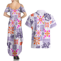 Hawaii Tapa Tribal Couples Matching Summer Maxi Dress and Hawaiian Shirt With Hawaiian Quilt Pattern Violet LT9 - Wonder Print Shop