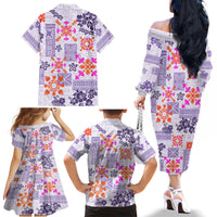Hawaii Tapa Tribal Family Matching Off Shoulder Long Sleeve Dress and Hawaiian Shirt With Hawaiian Quilt Pattern Violet - Wonder Print Shop