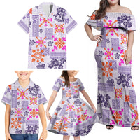Hawaii Tapa Tribal Family Matching Off Shoulder Maxi Dress and Hawaiian Shirt With Hawaiian Quilt Pattern Violet LT9 - Wonder Print Shop