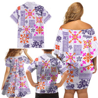 Hawaii Tapa Tribal Family Matching Off Shoulder Short Dress and Hawaiian Shirt With Hawaiian Quilt Pattern Violet LT9 - Wonder Print Shop