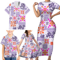 Hawaii Tapa Tribal Family Matching Short Sleeve Bodycon Dress and Hawaiian Shirt With Hawaiian Quilt Pattern Violet - Wonder Print Shop