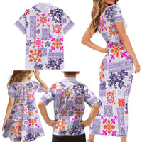 Hawaii Tapa Tribal Family Matching Short Sleeve Bodycon Dress and Hawaiian Shirt With Hawaiian Quilt Pattern Violet - Wonder Print Shop