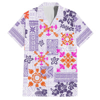 Violet Hawaiian short-sleeve shirt with colorful floral and geometric quilt pattern