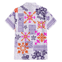 Violet Hawaiian short-sleeve shirt, back view, colorful floral quilt patchwork pattern