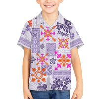 Violet Hawaiian shirt with colorful flower rosettes and quilt-style geometric motifs, short sleeve