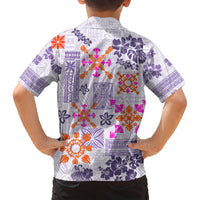Violet Hawaiian short-sleeve shirt, back view, colorful floral and geometric quilt pattern