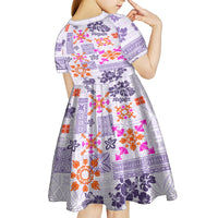 Hawaii Tapa Tribal Kid Short Sleeve Dress With Hawaiian Quilt Pattern Violet - Wonder Print Shop