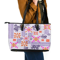 Hawaii Tapa Tribal Leather Tote Bag With Hawaiian Quilt Pattern Violet - Wonder Print Shop