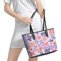 Hawaii Tapa Tribal Leather Tote Bag With Hawaiian Quilt Pattern Violet - Wonder Print Shop
