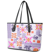 Hawaii Tapa Tribal Leather Tote Bag With Hawaiian Quilt Pattern Violet - Wonder Print Shop
