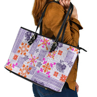 Hawaii Tapa Tribal Leather Tote Bag With Hawaiian Quilt Pattern Violet - Wonder Print Shop