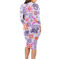 Hawaii Tapa Tribal Long Sleeve Bodycon Dress With Hawaiian Quilt Pattern Violet - Wonder Print Shop