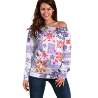 Hawaii Tapa Tribal Off Shoulder Sweater With Hawaiian Quilt Pattern Violet - Wonder Print Shop