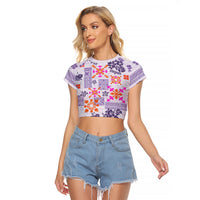 Hawaii Tapa Tribal Raglan Cropped T Shirt With Hawaiian Quilt Pattern Violet - Wonder Print Shop