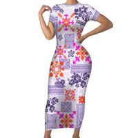 Hawaii Tapa Tribal Short Sleeve Bodycon Dress With Hawaiian Quilt Pattern Violet - Wonder Print Shop