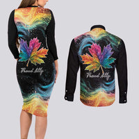 Rainbow Maple Leaf Couples Matching Long Sleeve Bodycon Dress and Long Sleeve Button Shirt Canada Pride Show Your Colors LT9 - Wonder Print Shop