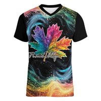 Rainbow Maple Leaf Women V-Neck T-Shirt Canada Pride Show Your Colors - Wonder Print Shop