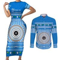 Personalised Fiji Marau Na Kerisimasi Couples Matching Short Sleeve Bodycon Dress and Long Sleeve Button Shirt Merry Christmas Tapa Pattern Blue Style LT9 - Wonder Print Shop