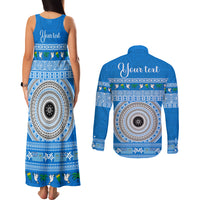 Personalised Fiji Marau Na Kerisimasi Couples Matching Tank Maxi Dress and Long Sleeve Button Shirt Merry Christmas Tapa Pattern Blue Style LT9 - Wonder Print Shop