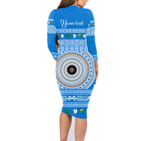 Personalised Fiji Marau Na Kerisimasi Family Matching Long Sleeve Bodycon Dress and Hawaiian Shirt Merry Christmas Tapa Pattern Blue Style LT9 - Wonder Print Shop