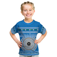 Personalised Fiji Marau Na Kerisimasi Kid T Shirt Merry Christmas Tapa Pattern Blue Style - Wonder Print Shop