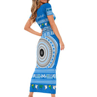 Personalised Fiji Marau Na Kerisimasi Short Sleeve Bodycon Dress Merry Christmas Tapa Pattern Blue Style - Wonder Print Shop