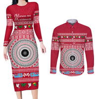 Personalised Fiji Marau Na Kerisimasi Couples Matching Long Sleeve Bodycon Dress and Long Sleeve Button Shirt Merry Christmas Tapa Pattern Red Style LT9 - Wonder Print Shop