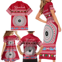 Personalised Fiji Marau Na Kerisimasi Family Matching Short Sleeve Bodycon Dress and Hawaiian Shirt Merry Christmas Tapa Pattern Red Style - Wonder Print Shop