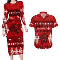 Personalised Tonga Kilisimasi Fiefia Couples Matching Long Sleeve Bodycon Dress and Hawaiian Shirt Merry Christmas with Turtle Ngatu Pattern LT9 - Wonder Print Shop