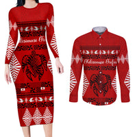 Personalised Tonga Kilisimasi Fiefia Couples Matching Long Sleeve Bodycon Dress and Long Sleeve Button Shirt Merry Christmas with Turtle Ngatu Pattern LT9 - Wonder Print Shop
