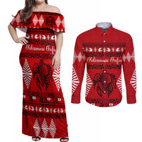 Personalised Tonga Kilisimasi Fiefia Couples Matching Off Shoulder Maxi Dress and Long Sleeve Button Shirt Merry Christmas with Turtle Ngatu Pattern LT9 - Wonder Print Shop