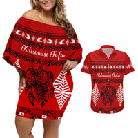 Personalised Tonga Kilisimasi Fiefia Couples Matching Off Shoulder Short Dress and Hawaiian Shirt Merry Christmas with Turtle Ngatu Pattern LT9 - Wonder Print Shop