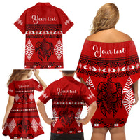 Personalised Tonga Kilisimasi Fiefia Family Matching Off Shoulder Short Dress and Hawaiian Shirt Merry Christmas with Turtle Ngatu Pattern LT9 - Wonder Print Shop