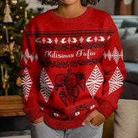Personalised Tonga Kilisimasi Fiefia Kid Ugly Christmas Sweater Merry Christmas with Turtle Ngatu Pattern - Wonder Print Shop