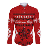 Personalised Tonga Kilisimasi Fiefia Long Sleeve Button Shirt Merry Christmas with Turtle Ngatu Pattern - Wonder Print Shop