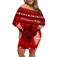 Personalised Tonga Kilisimasi Fiefia Off Shoulder Short Dress Merry Christmas with Turtle Ngatu Pattern - Wonder Print Shop