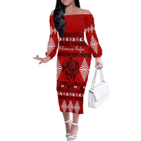 Personalised Tonga Kilisimasi Fiefia Off The Shoulder Long Sleeve Dress Merry Christmas with Turtle Ngatu Pattern - Wonder Print Shop