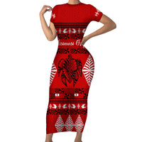 Personalised Tonga Kilisimasi Fiefia Short Sleeve Bodycon Dress Merry Christmas with Turtle Ngatu Pattern - Wonder Print Shop